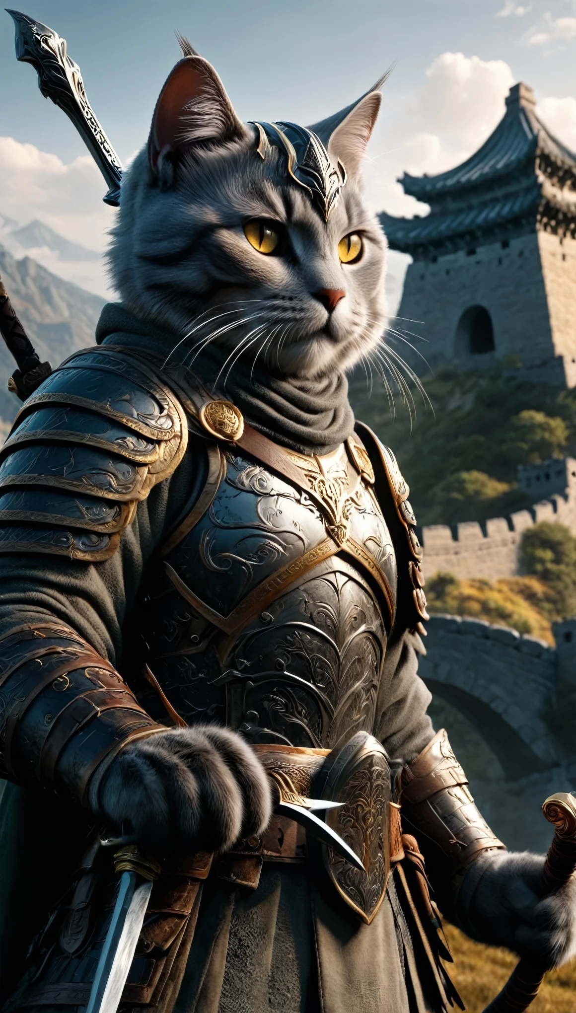 Official Art, Unified 8k wallpaper, Very detailed, Beautiful and beautiful, masterpiece, highest quality, To the movies《Lord of the Ring》Styles，Actual scene，Epic war scenes，(American Shorthair Cat Warrior:1.4)，(whole body:1.2), Wear elaborate armor and helmets，Has a long sword，In combat，Great Wall Background，Cool colors，texture，Ray Tracing，