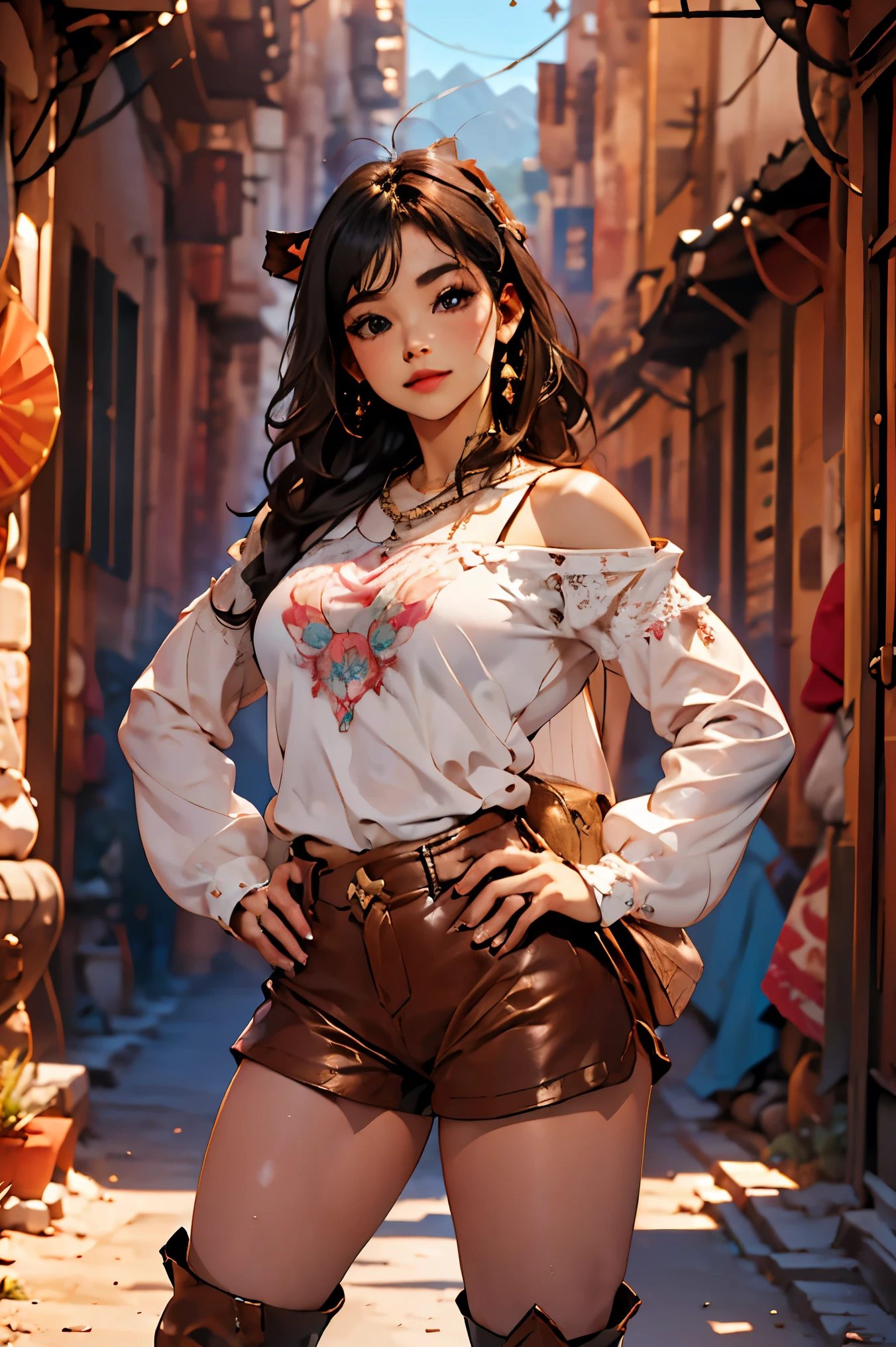 In the desert during the day.、((junkotvv))、((desde arriba))、Hermosa chica con cabello hermoso、Un afilado, Mirada desafiante、ojos grandes、pechos grandes、((Stand with your hands on your hips and your feet shoulder-width apart..))、mirando a lo lejos。Camisa de vestir blanca corta、(Mini hotpants de mezclilla que se ajustan firmemente a las nalgas.)、Long brown leather western boots、Gran equilibrio de estilo、Piernas largas、(((((un primer plano de un lindo, raised mound)))))