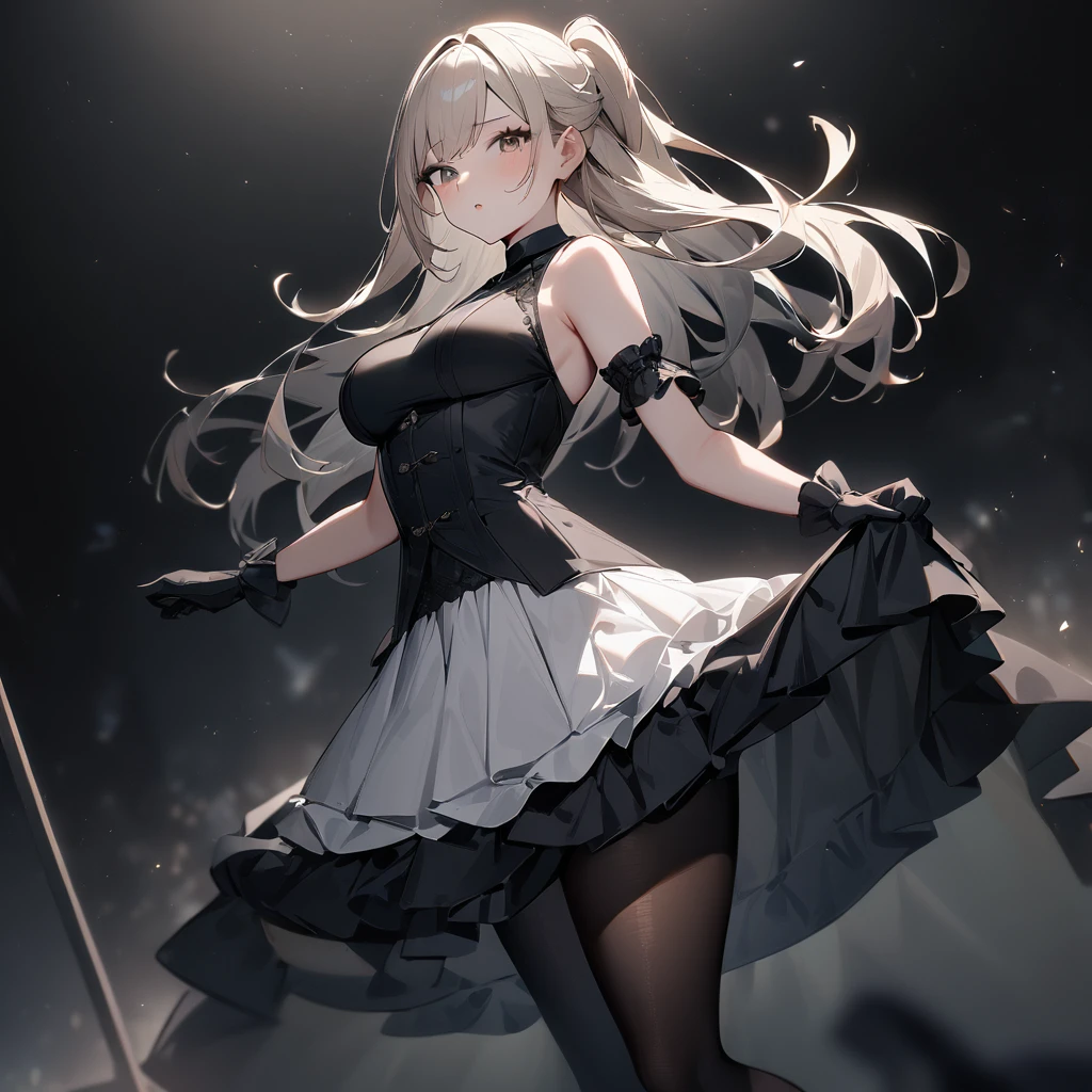 1 girl,best quality, very aesthetic,absurdres,looking at viewer,front view,Lovely lady,,skirt lift,high-grade,layer,westfrill,light hair,multilayer,blackcolor,trim,(side-Crisscross),breasts,upscale,Layered,yellow pale,blackglove,pantyhose,lovely,all black,Sleeveless,open stance,curtsey,impossible_clothes,half up,blouse,spread out,