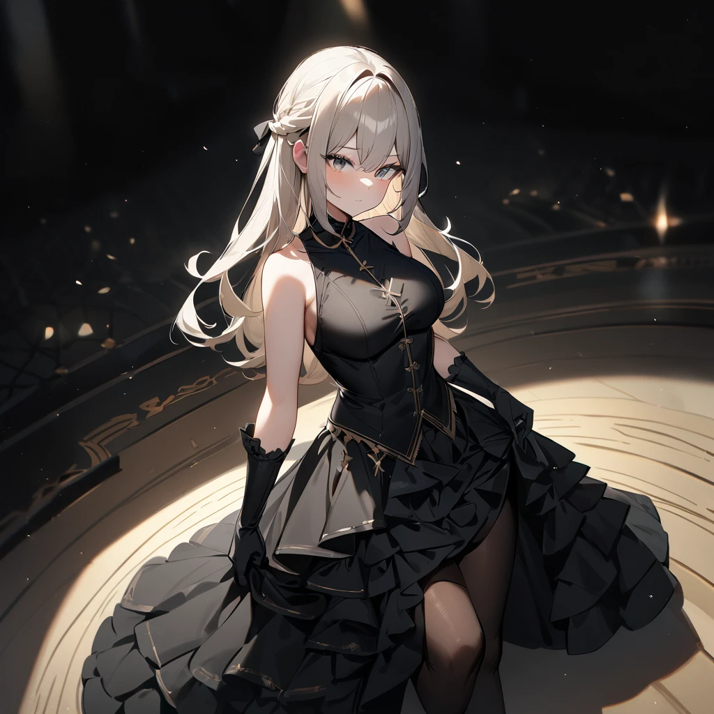 1 girl,best quality, very aesthetic,absurdres,looking at viewer,front view,Lovely lady,,skirt lift,high-grade,layer,westfrill,light hair,multilayer,blackcolor,trim,(side-Crisscross),breasts,upscale,Layered,yellow pale,blackglove,pantyhose,lovely,all black,Sleeveless,open stance,curtsey,impossible_clothes,half up,blouse,spread out,