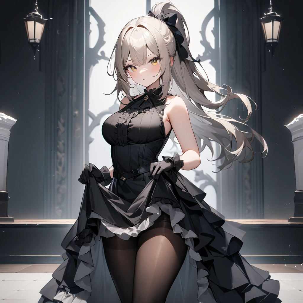 1 girl,best quality, very aesthetic,absurdres,looking at viewer,front view,Lovely lady,,skirt lift,high-grade,layer,westfrill,light hair,multilayer,blackcolor,trim,(side-Crisscross),breasts,upscale,Layered,yellow pale,blackglove,pantyhose,lovely,all black,Sleeveless,open stance,curtsey,impossible_clothes,half up,blouse,spread out,