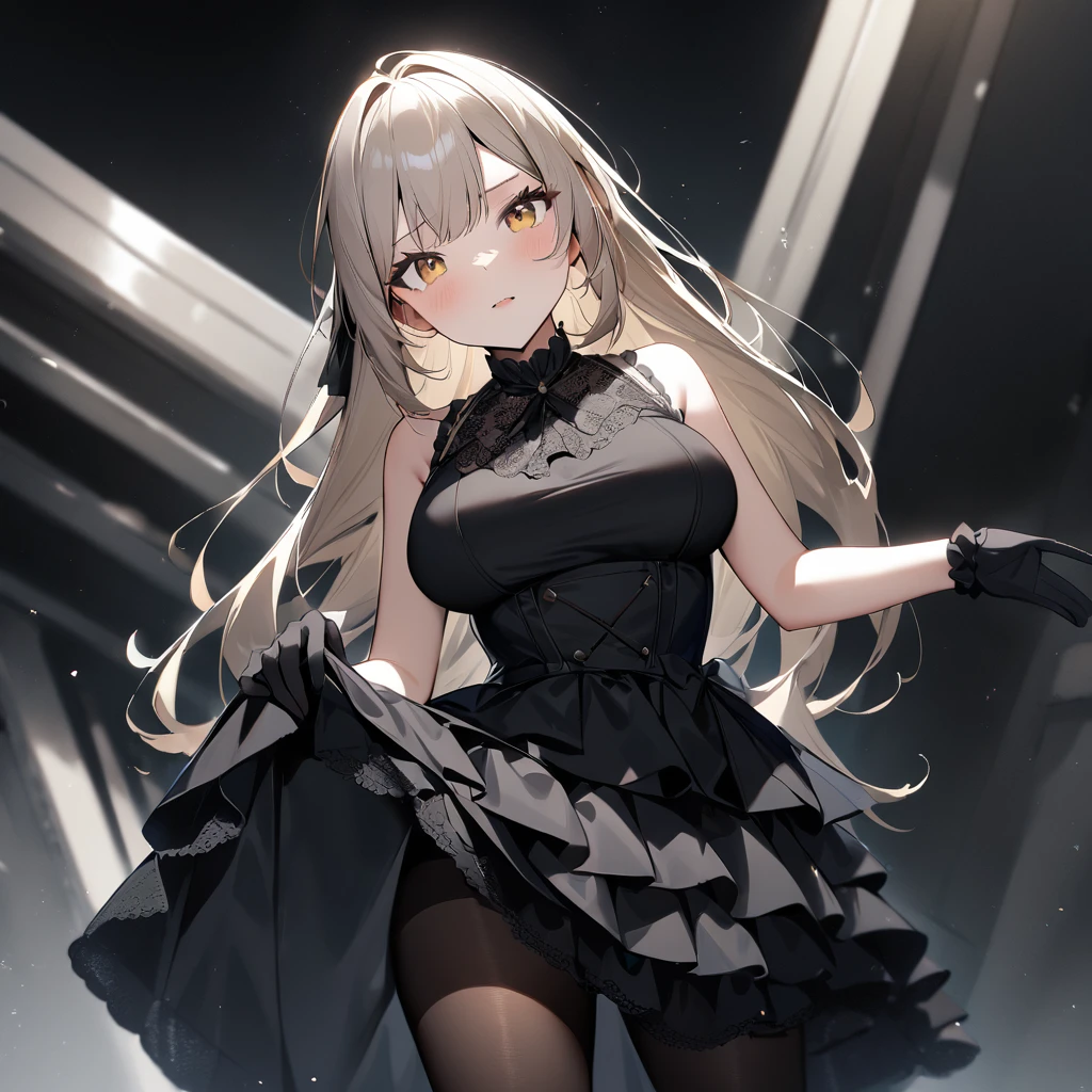 1 girl,best quality, very aesthetic,absurdres,looking at viewer,front view,Lovely lady,,skirt lift,high-grade,layer,westfrill,light hair,multilayer,blackcolor,trim,(side-Crisscross),breasts,upscale,Layered,yellow pale,blackglove,pantyhose,lovely,all black,Sleeveless,open stance,curtsey,impossible_clothes,half up,blouse,spread out,