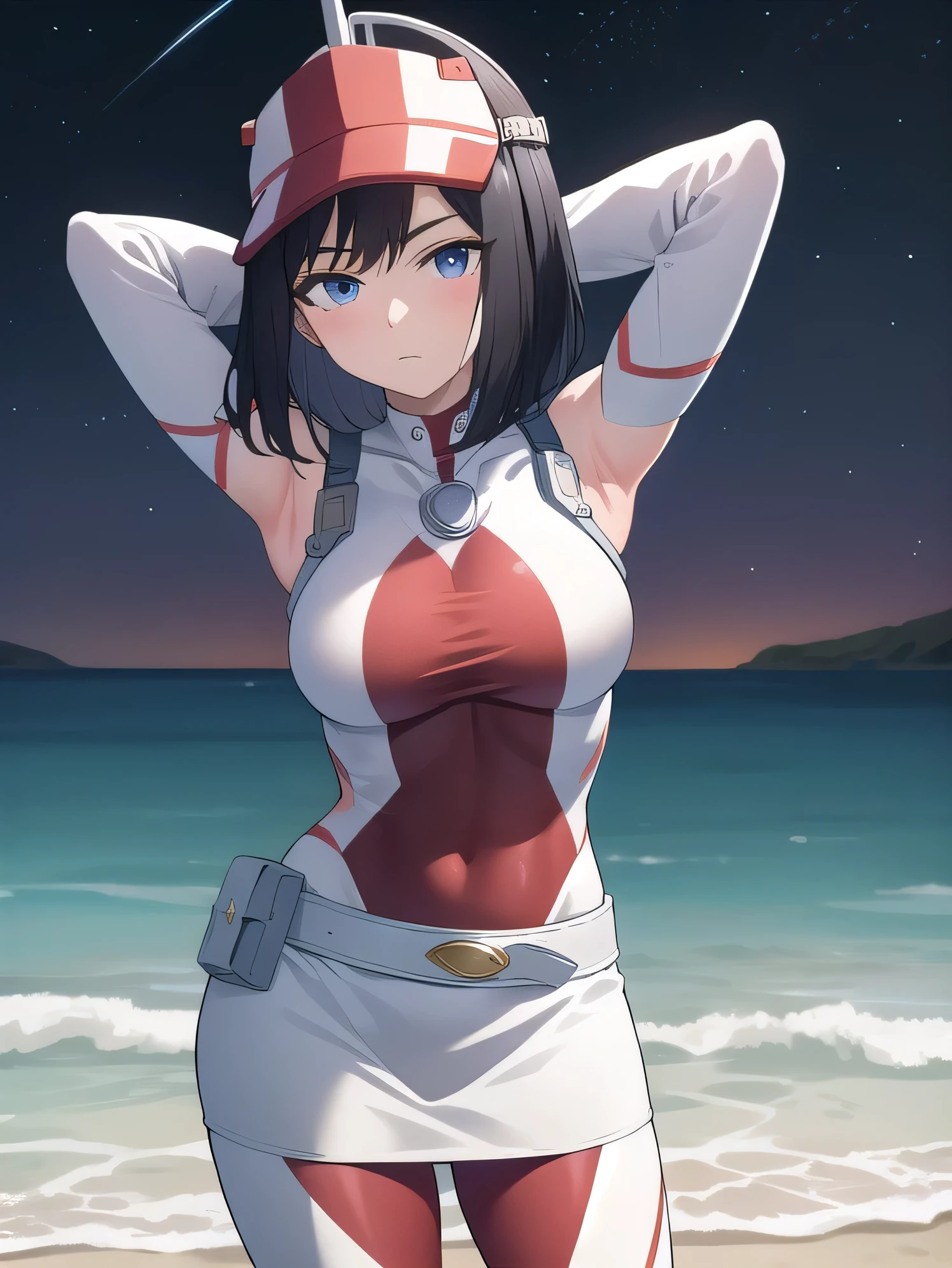 kodaiyui, visor cap, red and white bodysuit, long sleeves, belt, white skirt, closed mouth, solo, (cowboy shot:1.5), night sky, beach, arms behind head, contrapposto, spread armpits, looking at viewer, best quality, expressionless