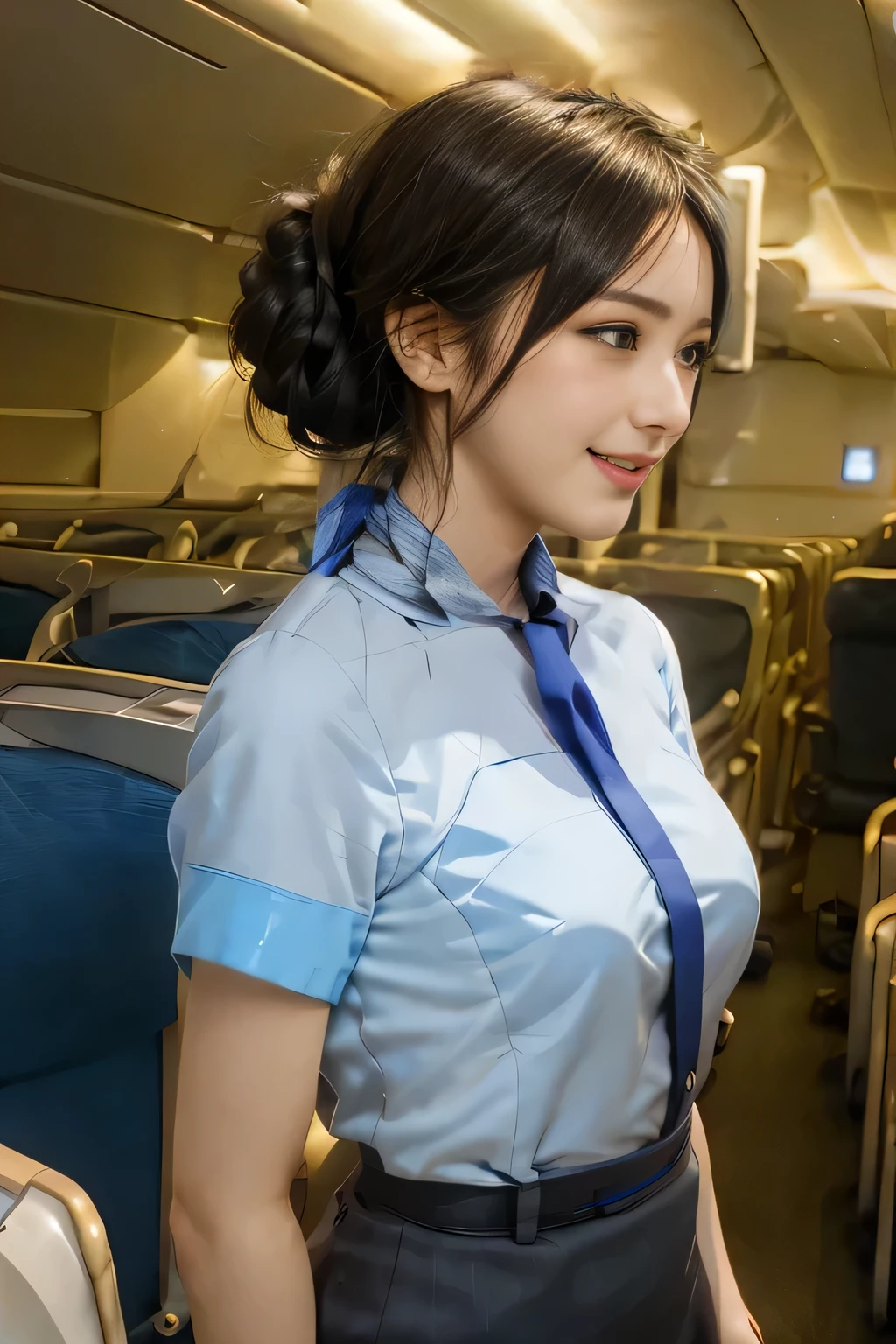 （ANA cabincrew uniform）、（Short sleeve light blue blouse）、（Scarf around the neck）、（Long hair updo、Chignon）、２５Old Japanese woman、smile