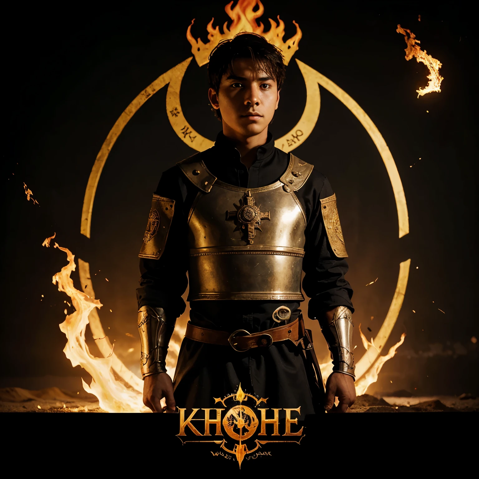 Logo con la frase "el hijo del sol"and the background aesthetic has a single medieval covering everything with flames too (FONDO NEGRO)