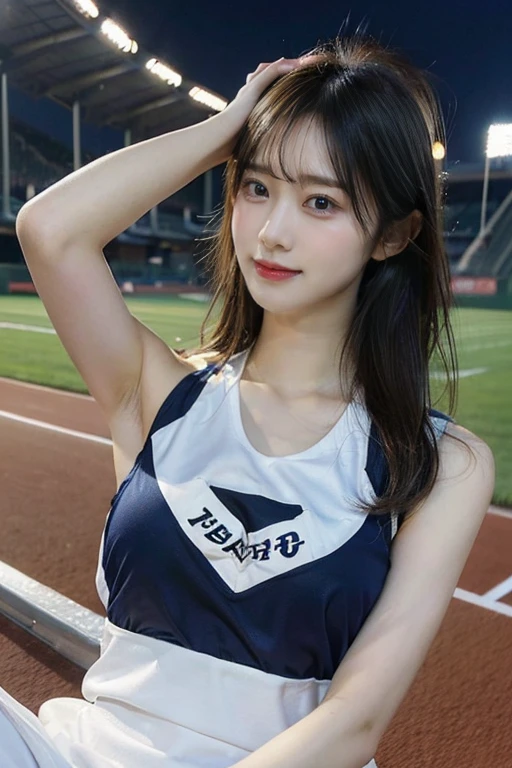 (table top:1.3), (8k, realistic, RAW photo, highest quality: 1.4), Japanese, beautiful face, (lifelike face), realistic eyes, beautiful eyes, (real skin), beautiful skin, 超High resolution, Ultra-realistic, High resolution, beautiful japanese woman, (夜のathletics stadium, track and field track:1.5), athletics stadium, (Please show me your armpits:1.4), (put your hands behind your head:1.2), smile, 20 year old Japanese girl, show armpit hair, Cleavage