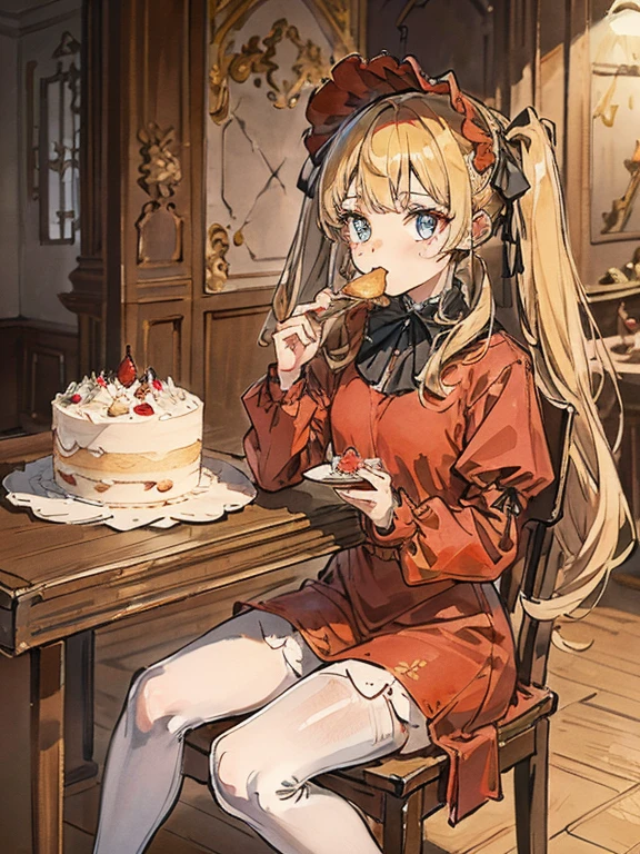 masterpiece, highest quality, Very detailed, 16k, Ultra-high resolution, Cowboy Shot, One 8--old l, Detailed face, Perfect Fingers, Golden Eyes, Blonde, Original Costume, Twin tails, bonnet、Red dress、White pantyhose cup、Black shoes, Western-style building, table, Sit on a chair, Eat cake