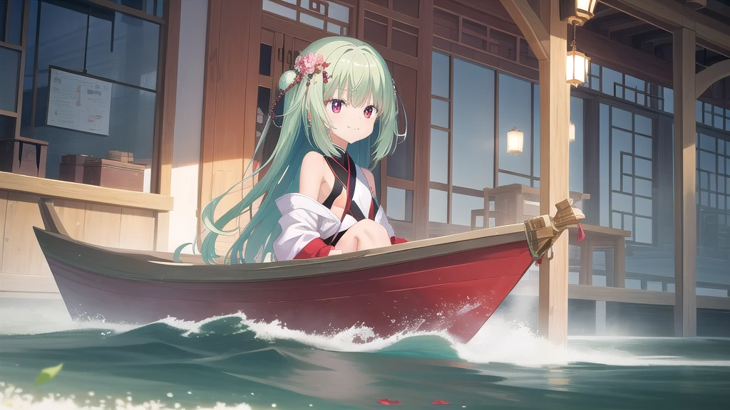 ((masterpiece)),(best quality),Official Art,Extremely detailed CG,Unity 8k Wallpaper,Super detailed,Beautiful and delicate eyes,Extremely detailed face,1 girl,solitary,,(whole body:1.5),(small:1.3),Smile,,Murasame,Very long hair,Green Hair,Face Up,Purple bow,hairpin,Side chains,Bangs,Red Eyes,Neck strap,Red belt,Elegant and beautiful，Splendid Hanfu，The misty river reflects the clouds of the green mountains，The houses on both sides of the river have painted eaves connected to each other，A lotus flower floats in the water, the autumn scenery is peaceful and tranquil。Watch the seagulls flying back and forth，The fragrant wind penetrates the pearl curtain and spreads along the ten-mile shore。The painting boat seems to come from the horizon，The wine flag is tall and fluttering in the wind，What a lovely water town Jiangnan。