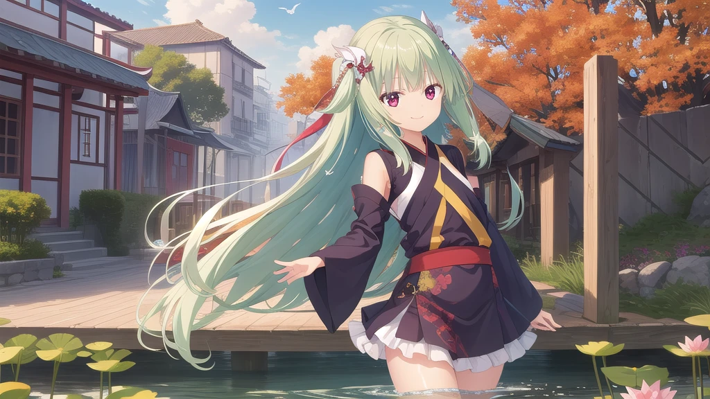 ((masterpiece)),(best quality),Official Art,Extremely detailed CG,Unity 8k Wallpaper,Super detailed,Beautiful and delicate eyes,Extremely detailed face,1 girl,solitary,,(whole body:1.5),(small:1.3),Smile,,Murasame,Very long hair,Green Hair,Face Up,Purple bow,hairpin,Side chains,Bangs,Red Eyes,Neck strap,Red belt,Elegant and beautiful,Splendid Hanfu,The misty river reflects the clouds of the green mountains,The houses on both sides of the river have painted eaves connected to each other,A lotus flower floats in the water, the autumn scenery is peaceful and tranquil。Watch the seagulls flying back and forth,The fragrant wind penetrates the pearl curtain and spreads along the ten-mile shore。The painting boat seems to come from the horizon,The wine flag is tall and fluttering in the wind,What a lovely water town Jiangnan。