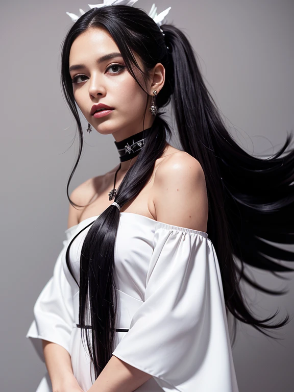 cowboy shot, (black wings:1.2), very long hair, side ponytail, choker, holding, off shoulder, (white dress:1.3), white jacket,halo,