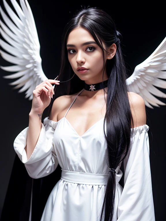 cowboy shot, (black wings:1.2), very long hair, side ponytail, choker, holding, off shoulder, (white dress:1.3), white jacket,halo,