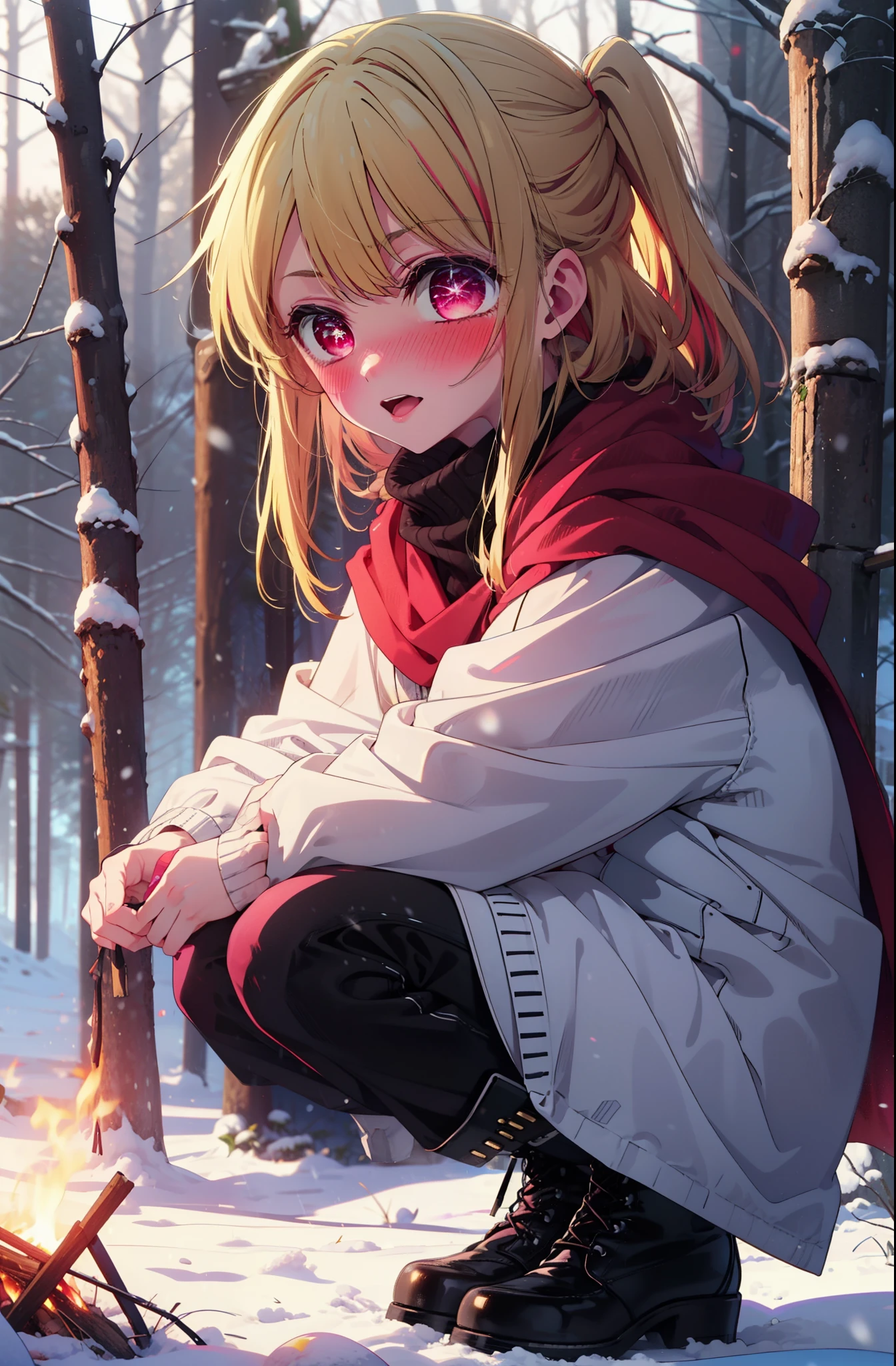 rubyhoshino, Hoshino Ruby, Long Hair, bangs, blonde, (Pink Eyes:1.3), Side Lock, (Symbol-shaped pupil:1.5), Multicolored Hair, Two-tone hair, smile,,smile,blush,white breath,
Open your mouth,snow,Ground bonfire, Outdoor, boots, snowing, From the side, wood, suitcase, Cape, Blurred, , forest, White handbag, nature,  Squat, Mouth closed, Cape, winter, Written boundary depth, Black shoes, red Cape break looking at viewer, Upper Body, whole body, break Outdoor, forest, nature, break (masterpiece:1.2), Highest quality, High resolution, unity 8k wallpaper, (shape:0.8), (Beautiful and beautiful eyes:1.6), Highly detailed face, Perfect lighting, Highly detailed CG, (Perfect hands, Perfect Anatomy),