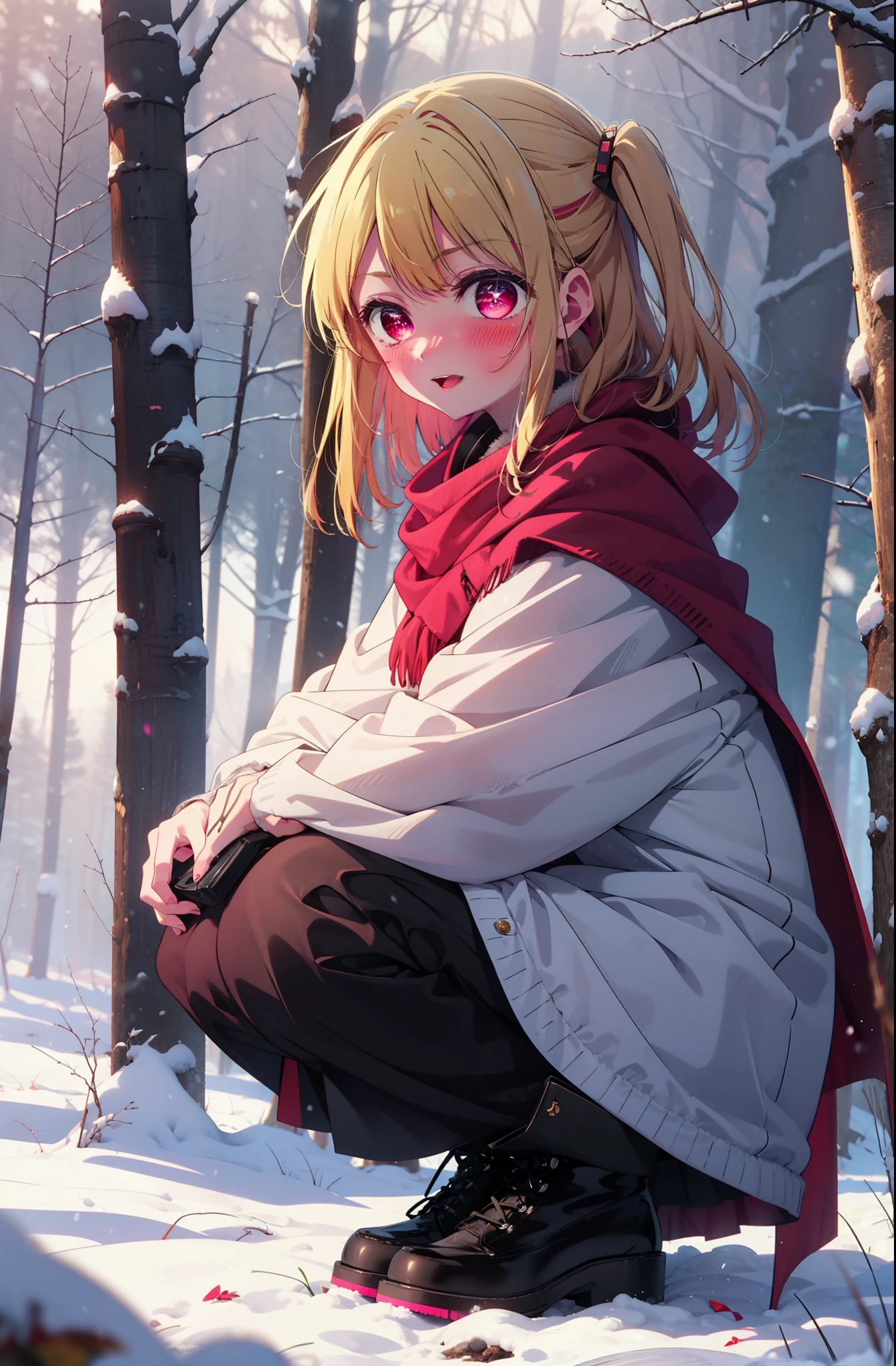 rubyhoshino, Hoshino Ruby, Long Hair, bangs, Blonde Hair, (Pink Eyes:1.3), (Symbol-shaped pupil:1.5), Multicolored Hair, Two-tone hair, smile,blush,White Breath,
Open your mouth,snow,Ground bonfire, Outdoor, boots, snowing, From the side, wood, suitcase, Cape, Blurred, , forest, White handbag, nature, Squat, Mouth closed, Cape, winter, Written boundary depth, Black shoes, red Cape break looking at viewer, Upper Body, whole body, break Outdoor, forest, nature, break (masterpiece:1.2), highest quality, High resolution, unity 8k wallpaper, (shape:0.8), (Beautiful and beautiful eyes:1.6), Highly detailed face, Perfect lighting, Highly detailed CG, (Perfect hands, Perfect Anatomy),