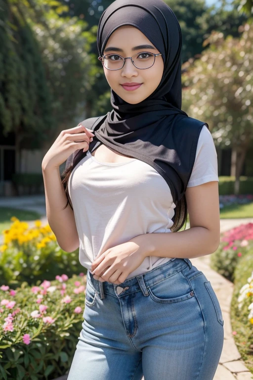 (iu:0.8).ample cleavage, puffed round chest, (RAW, Best quality, high resolution, Masterpiece: 1.3, hyper-realistic), an adorable glasses hijabi Javanese girls wearing tight t-shirt, skinny long denims pants, Masterpiece, Soft smile, in the middle of flowers garden