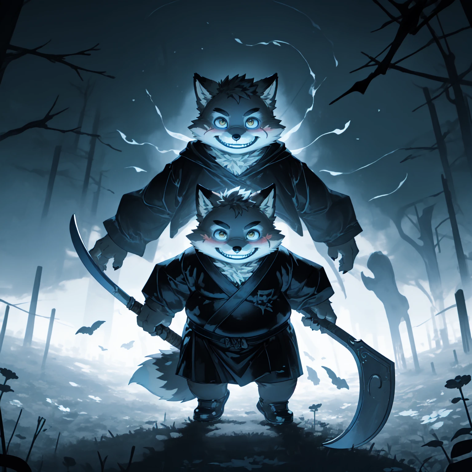 New Jersey 5 Furry,fox,(Solitary),child,Beautifully,Chubby,Orange plush fur,Cute face,Black eyebrows,(Black robe,Scythe of Death),(Eerie art style),(Creepy atmosphere),(White mist),(Floating in mid-air),Evil Smile