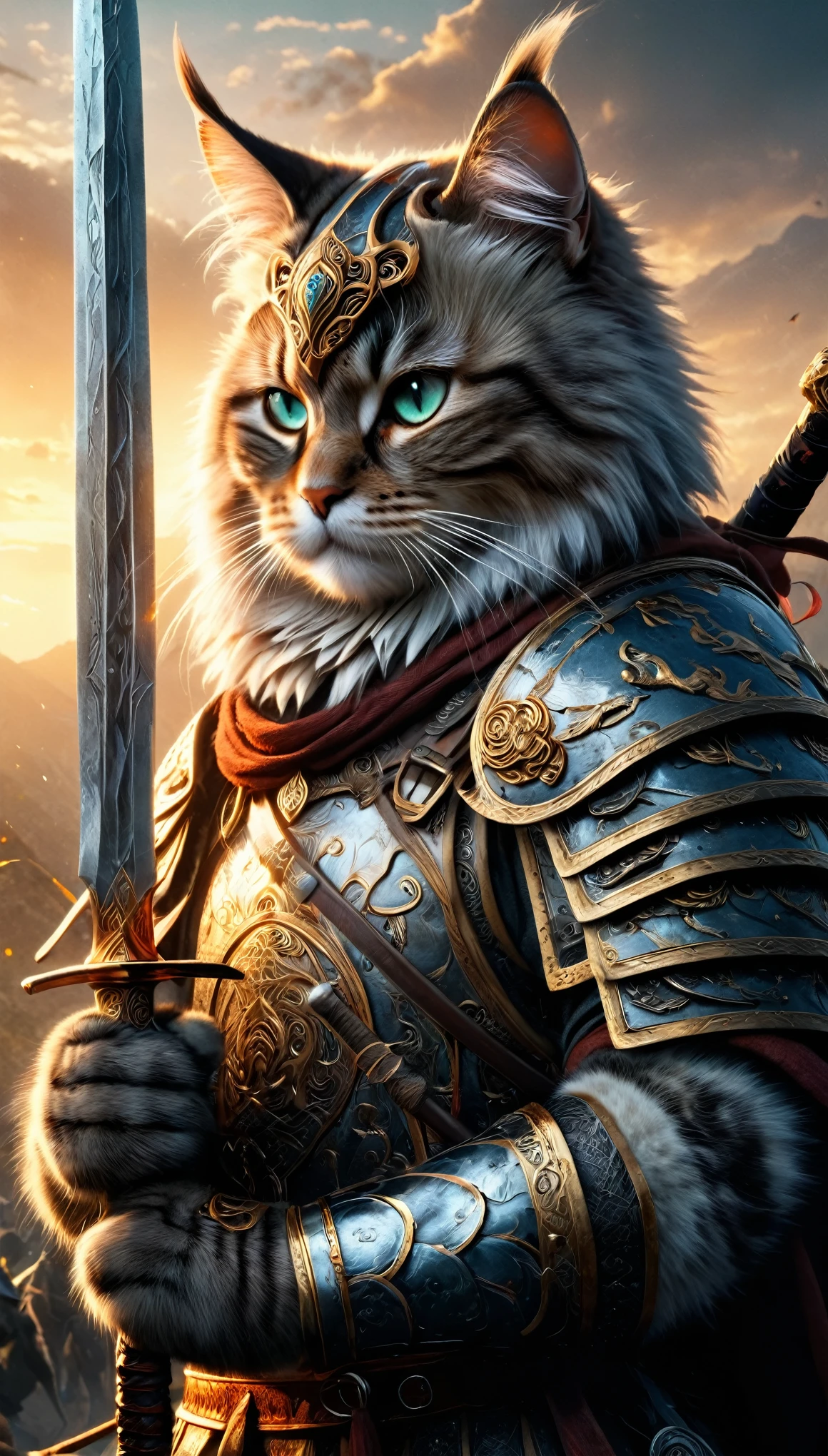 Official Art, Unified 8k wallpaper, Very detailed, Beautiful and beautiful, masterpiece, highest quality, To the movies《Lord of the Ring》Styles，Actual scene，Epic war scenes，(Siberian cat warrior:1.4)，(whole body:1.2), Samurai Armor, Wear elaborate armor and helmets，Has a long sword，In combat，Great Wall Background，Cool colors，texture，Ray Tracing，