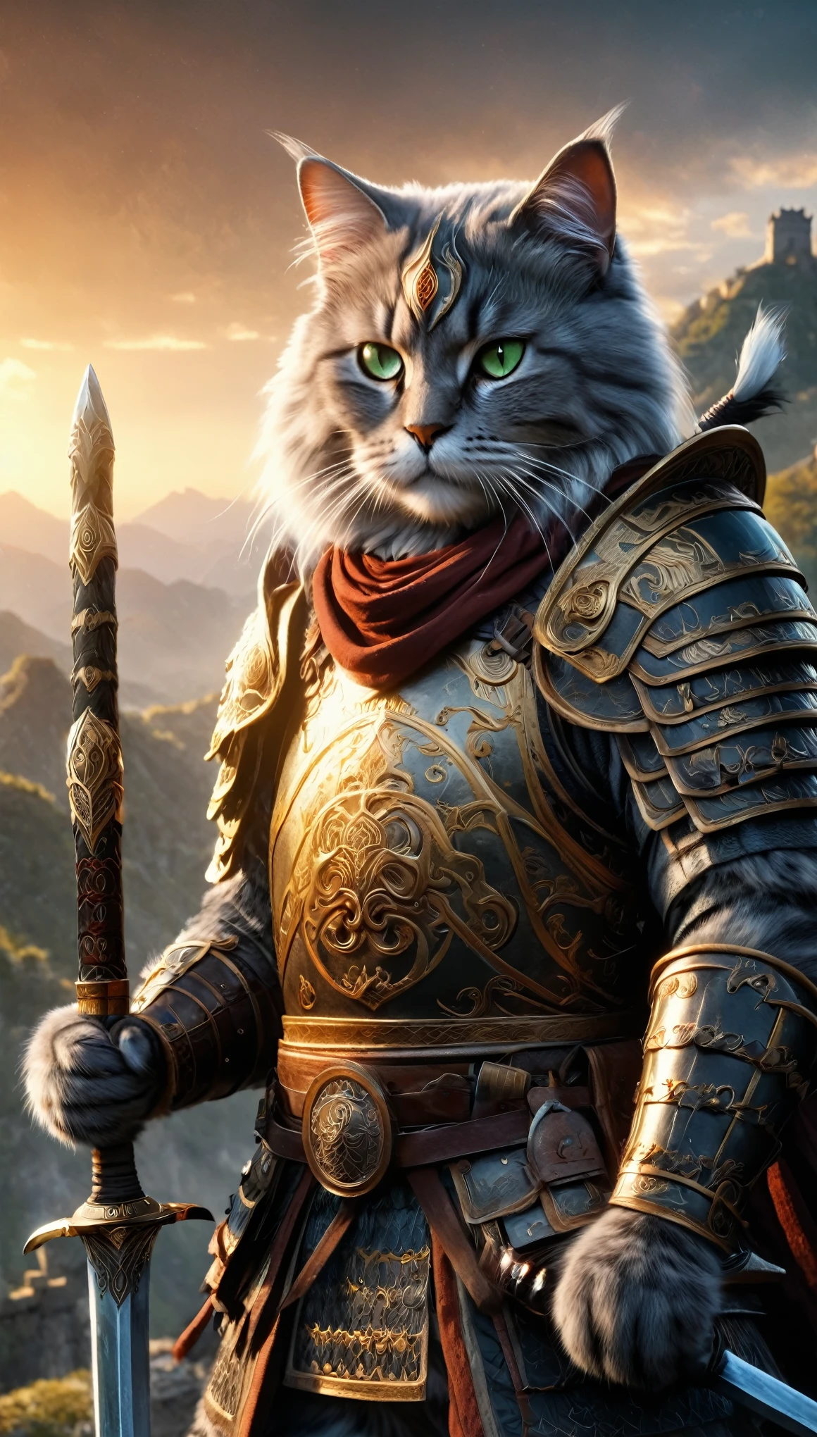 Official Art, Unified 8k wallpaper, Very detailed, Beautiful and beautiful, masterpiece, highest quality, To the movies《Lord of the Ring》Styles，Actual scene，Epic war scenes，(Siberian cat warrior:1.4)，(whole body:1.2), Samurai Armor, Wear elaborate armor and helmets，Has a long sword，In combat，Great Wall Background，Cool colors，texture，Ray Tracing，