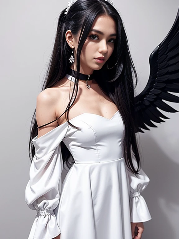cowboy shot, (black wings:1.2), very long hair, side ponytail, choker, holding, off shoulder, (white dress:1.3), white jacket,halo,