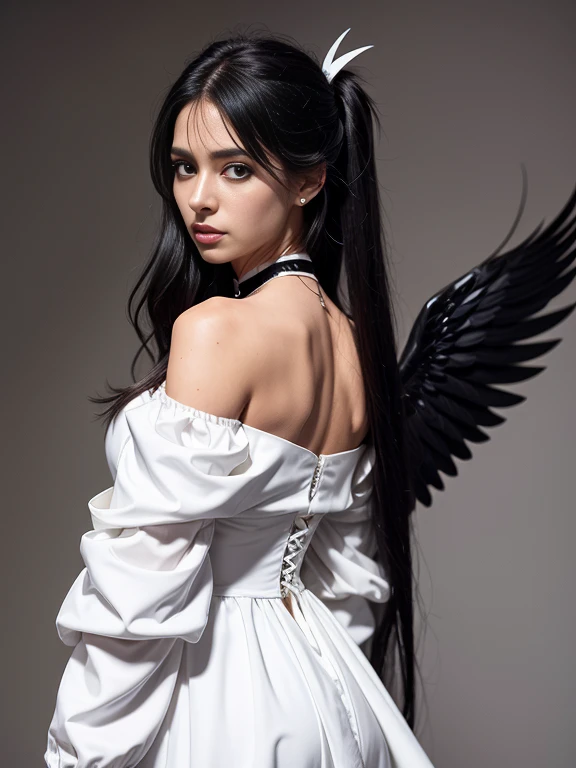 Girl long hair vampire white dress red sheets blood vampire fangs man black hair Victorian