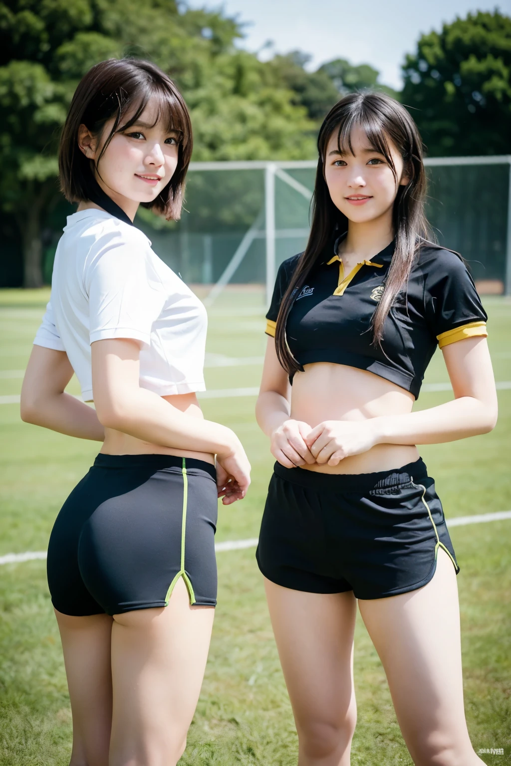 best quality, masterpiece, automobile, police, city, road, black hair, 18 years old pretty four girls, dark blue bloomers, green bloomers, white gym clothes, ass through bloomers, smile, white skin, all four are good friends, flirting, laughing, shy, homosexual,