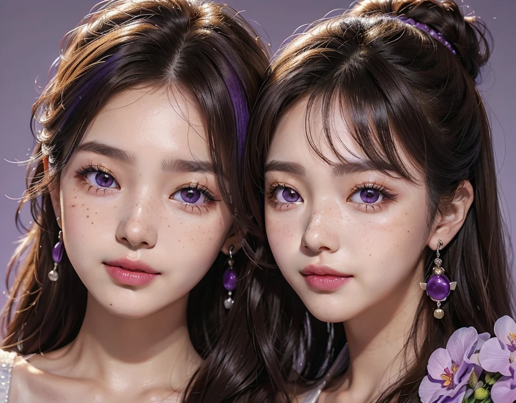 1 girl, 25 years old, south korean, idol, masterpiece, perfect face, soft skin, freckles under eyes, long whavy brown hair, shiny purple eyes, light purple lips, natural makeup, red eyeliners, smile, open mouth, perfect teeth, purple earrings, purple flower on her head, close up, face focus.