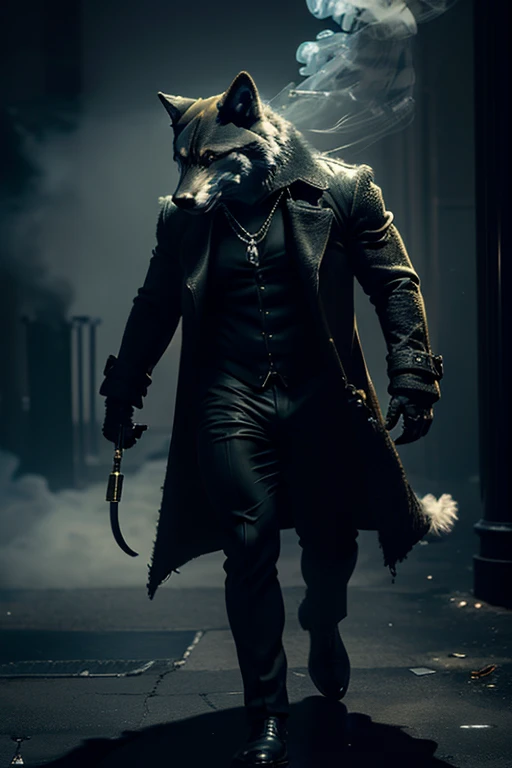 Masterpiece, (Ultra Detailed), (Animal Anthropomorphism), Gangster Theme, Wolf, Handsome, Trench Coat, Dim Lights, Smoke, Shadow, Corrupt Cityscape, Highest Quality, Single Focus, (skimming: 1.1), Muscle Man, Full Body, Intricate (High Detail: 1.1) Unreal Engine.