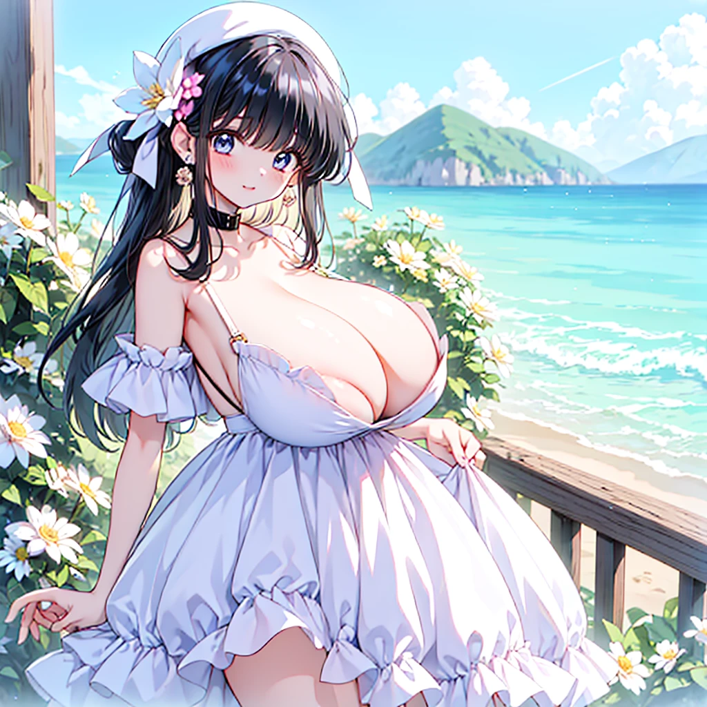 NSFW,a female cartoon character with big breasts looks at viewers in her floral dress, 1girl, solo, flower, underwear, breasts, blue eyes, outdoors, hair ornament, black hair, bra, hat, jewelry, looking at viewer, earrings, long hair, bangs, hair flower,see-through