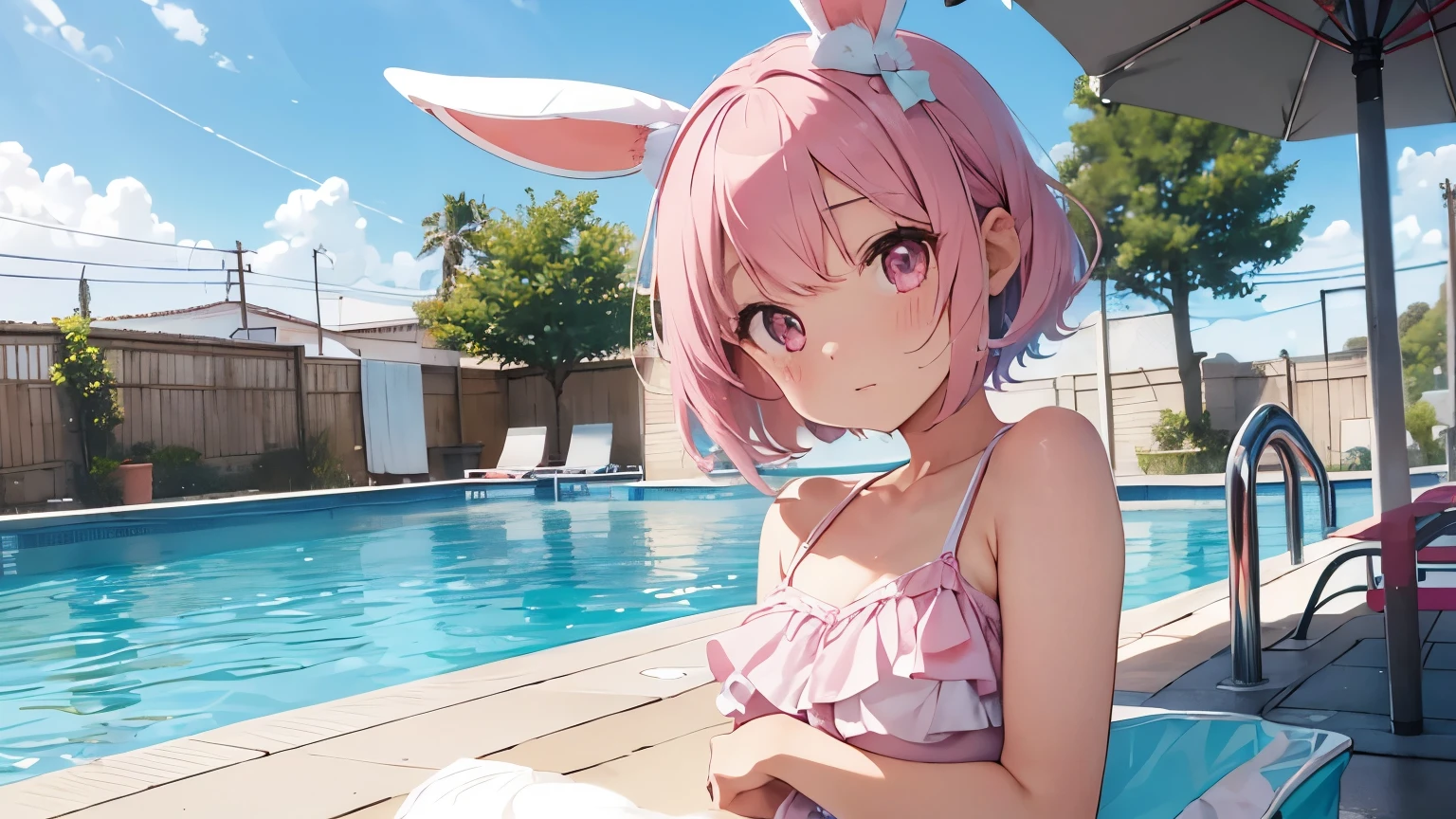 highest quality, pretty girl, pastel colour, Fluffy bunny ears, Pink short bob,Pale pink eyes,Pool,Swimwear