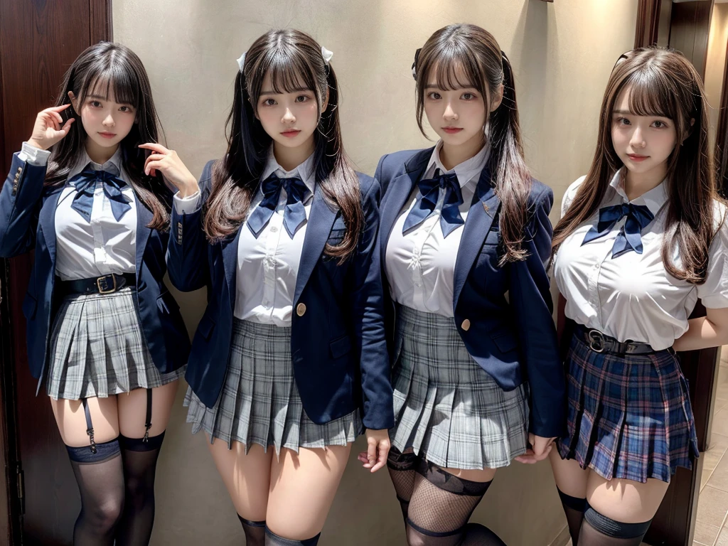 muster piece, best quality, illustration, Super detailed, fine details, High resolution, 8K,wall paper, perfect dynamic composition,(Details High quality, realistic depiction of eyes:1.3), (4 girls), The background is a luxury hotel room、High school girl uniform、blazer 、Super Short Check Uniform Skirt、Navy blue high socks、garterbelts、Colossal tits、Disturbed uniform,  short bob hair, black hair color, huge breasts, Big Natural Color Lip, bold sexy pose, (perfect body shape), crying a little、cold gaze, Harajuku style、20 year old girl、 beautiful legs, hposing Gravure Idol, Voluptuous thighs