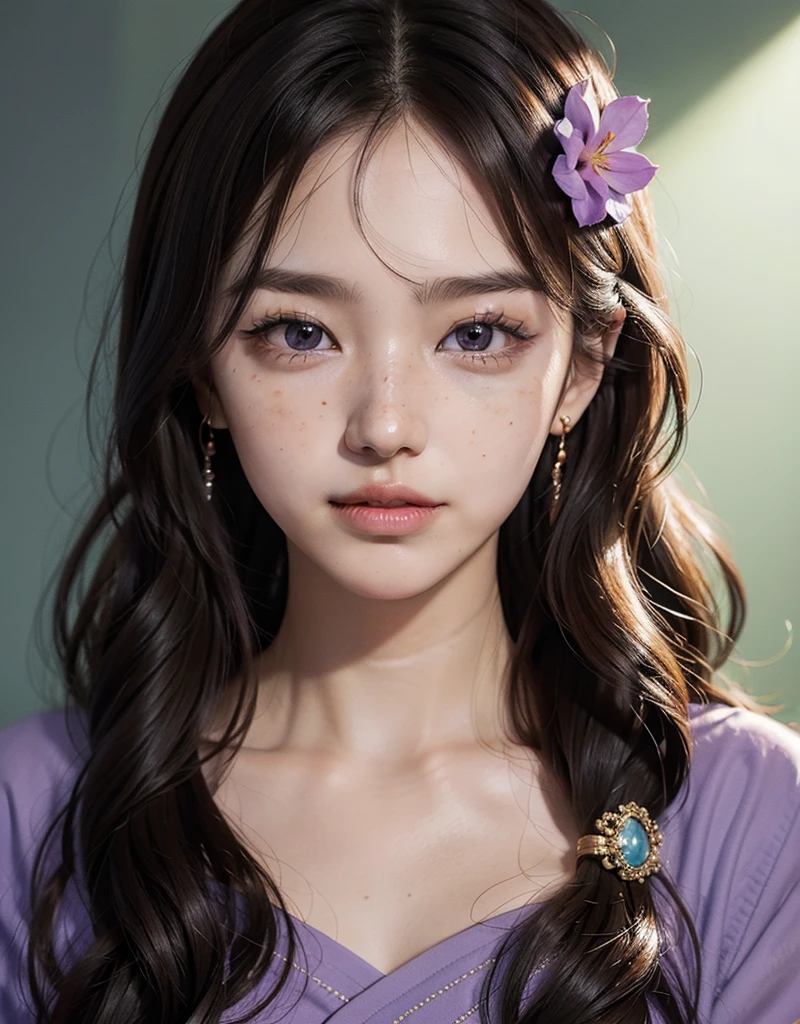 1 girl, 25 years old, south korean, idol, masterpiece, perfect face, soft skin, freckles under eyes, long whavy brown hair, shiny purple eyes, light purple lips, natural makeup, red eyeliners, smile, open mouth, perfect teeth, purple earrings, purple flower on her head, tatto on her neck, facing the spectator, portrait, close up, face focus.