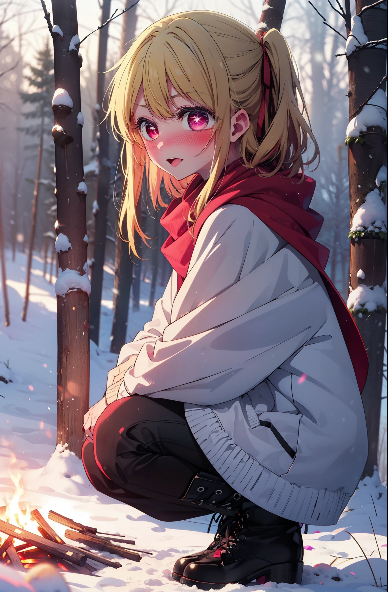 rubyhoshino, Hoshino Ruby, Long Hair, bangs, Blonde Hair, (Pink Eyes:1.3), (Symbol-shaped pupil:1.5), Multicolored Hair, Two-tone hair, smile,blush,White Breath,
Open your mouth,snow,Ground bonfire, Outdoor, boots, snowing, From the side, wood, suitcase, Cape, Blurred, , forest, White handbag, nature, Squat, Mouth closed, Cape, winter, Written boundary depth, Black shoes, red Cape break looking at viewer, Upper Body, whole body, break Outdoor, forest, nature, break (masterpiece:1.2), highest quality, High resolution, unity 8k wallpaper, (shape:0.8), (Beautiful and beautiful eyes:1.6), Highly detailed face, Perfect lighting, Highly detailed CG, (Perfect hands, Perfect Anatomy),