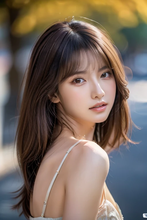 ((highest quality)), ((masterpiece)), (detailed), Perfect Face、Perfect body、The body is facing forward、Light brown hair、Beautiful Skin、Cleavage、girlfriend on date、Russian Beauty、(masterpiece:1.3), (8k, Photorealistic, Raw photo, Best image quality: 1.4), (Random Hairstyles:1.2)、Cleavage:1.2、Super detailed face、Attention to detail、double eyelid、Put your chest together、Sharp focus:1.2、Beautiful woman:1.4、Light brown hair、highest quality、masterpiece、 high resolution、(Photorealistic:1.4)、非常にdetailedでプロフェッショナルな照明の笑顔、Loose dress、Shoulders out、thin、Serious expression、Deadly position