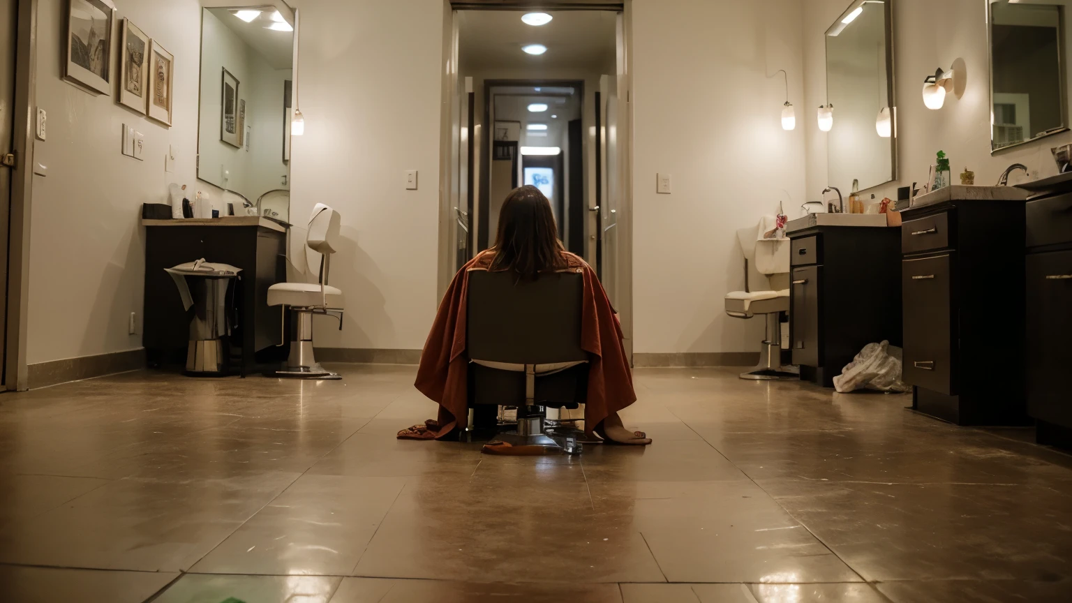 ((melhor qualidade)), ((Obra de arte)), (detalhado), Feeling of terror and tension , Perspective view from the ground ,Empty and dirty barbershop with green and red lighting, architecture, cinematic