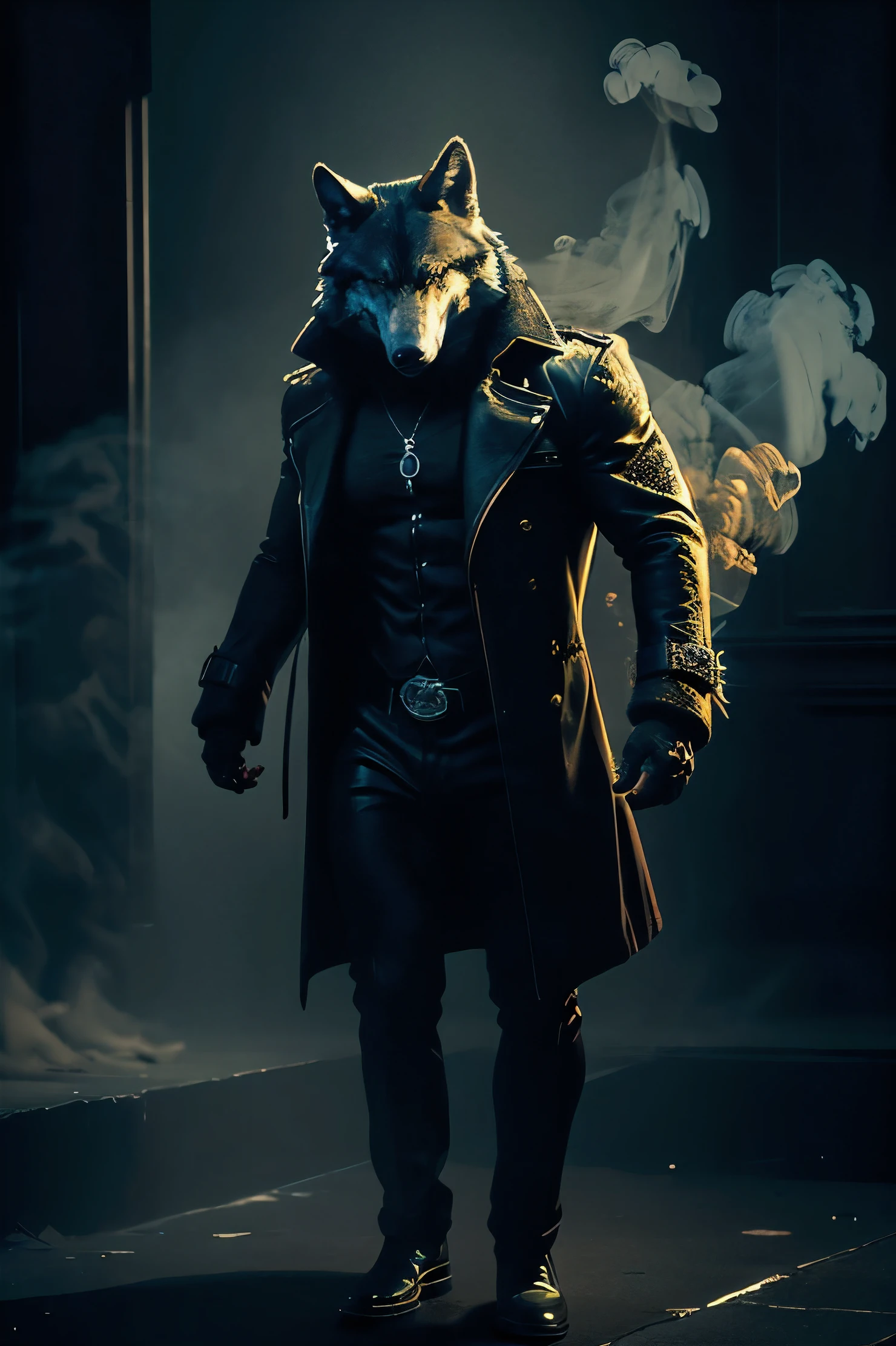 Masterpiece, (Ultra Detailed), (Animal Anthropomorphism), Gangster Theme, Wolf, Handsome, Trench Coat, Dim Lights, Smoke, Shadow, Corrupt Cityscape, Highest Quality, Single Focus, (skimming: 1.1), Muscle Man, Full Body, Intricate (High Detail: 1.1) Unreal Engine.