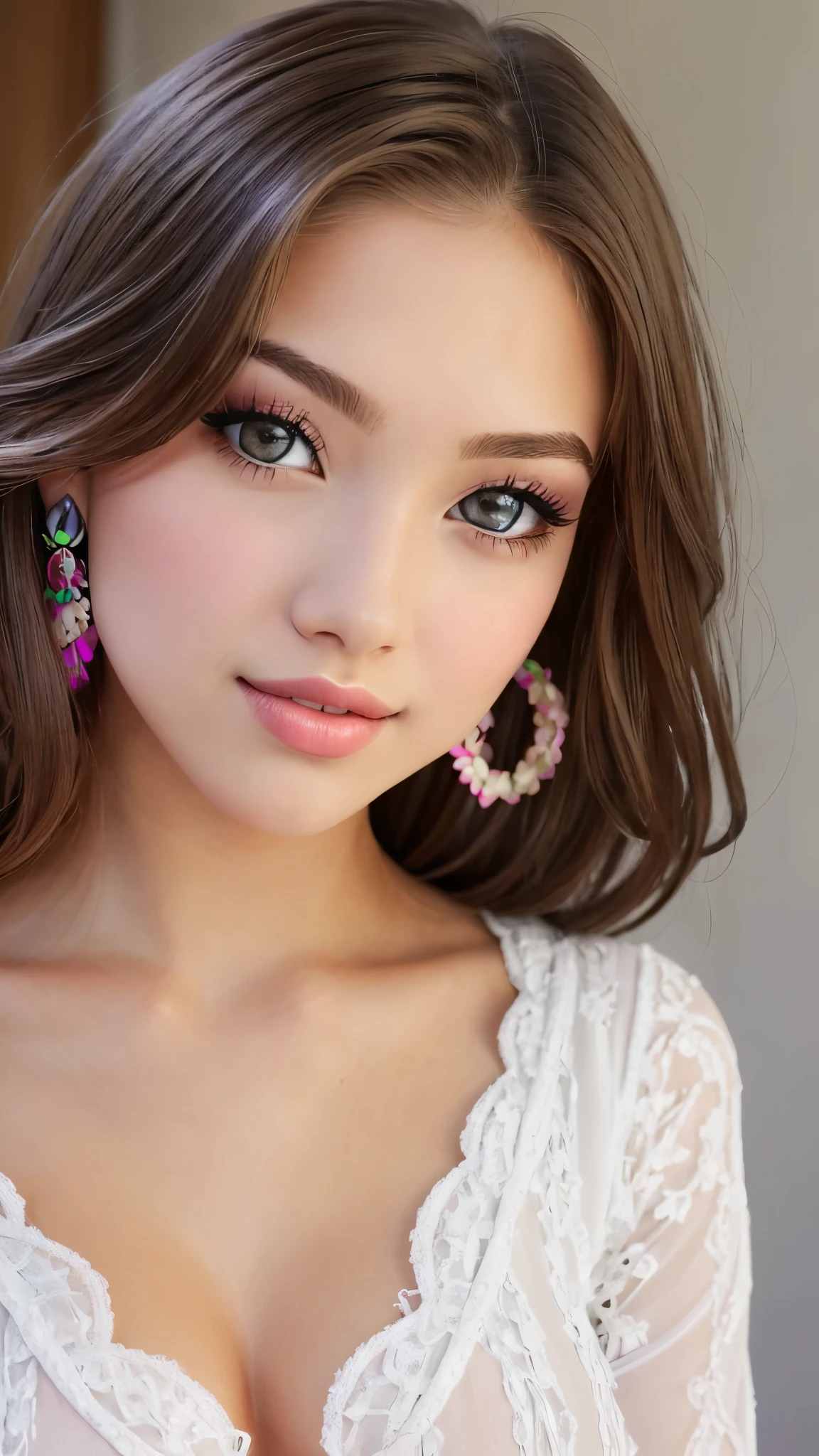 beautiful girl, brown eyes, beautiful slim 18 year old girl, hair color [Brown highlights hair], [undercut pixie] hair, earrings, lips, realistic, narrow waist, charming, pink lipstick, colorful makeup, long eyelashes, fair skin, (cute), (detailed face), detailed eyes, detailed iris, (large breasts:1.2), minidress, smirk