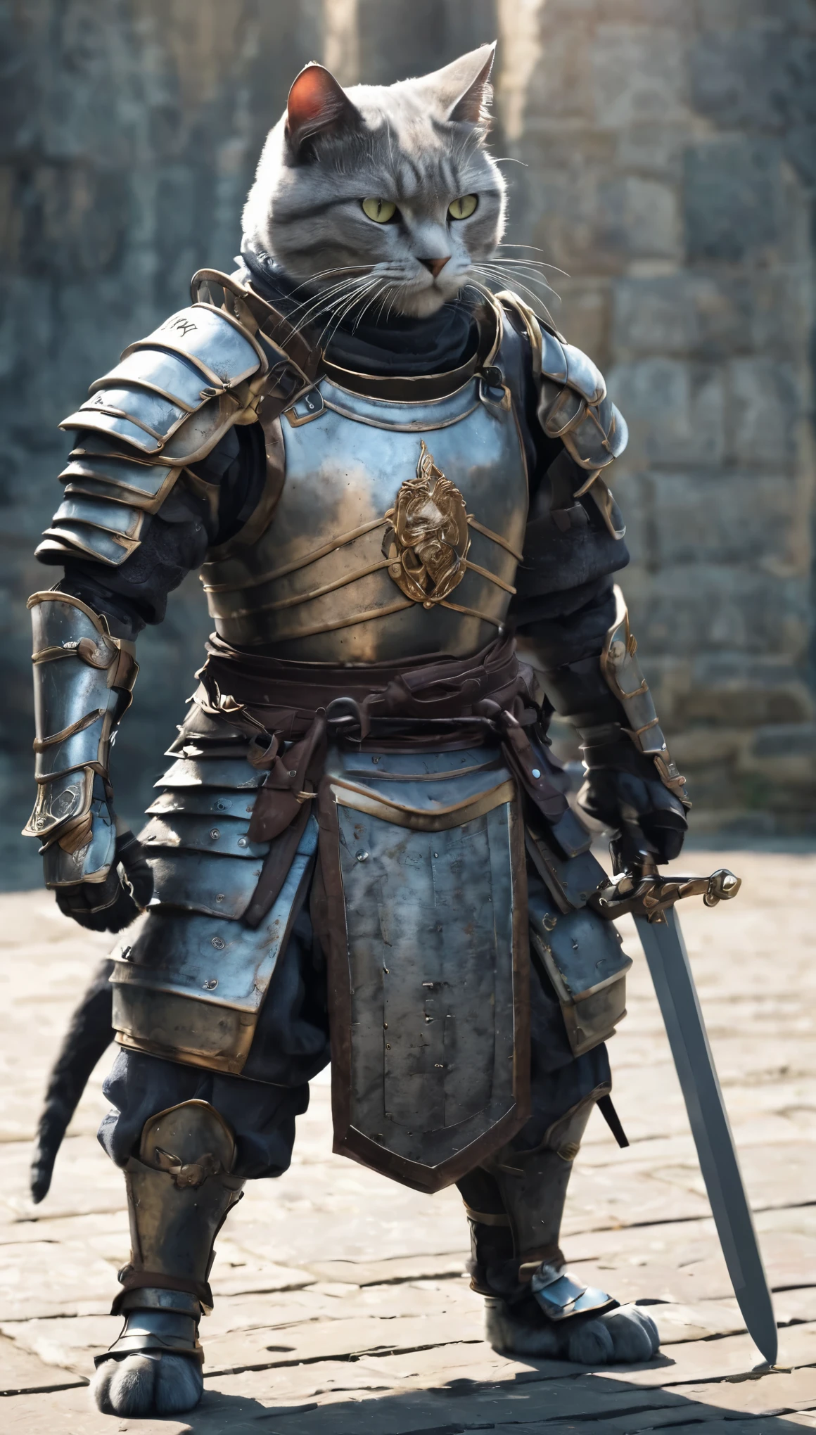 Dynamic Frame, humanoid (Anthropomorphic) Armored cat swordsman, humanoid cat in a fencing hall, humanoid cat in a swordsman's stance, humanoid cat with emotions of zeal on his face, Cat with a sword, Realistic, high quality, High detail, pay attention to the face of a humanoid cat , Focus on the center of the frame, The background is a castle