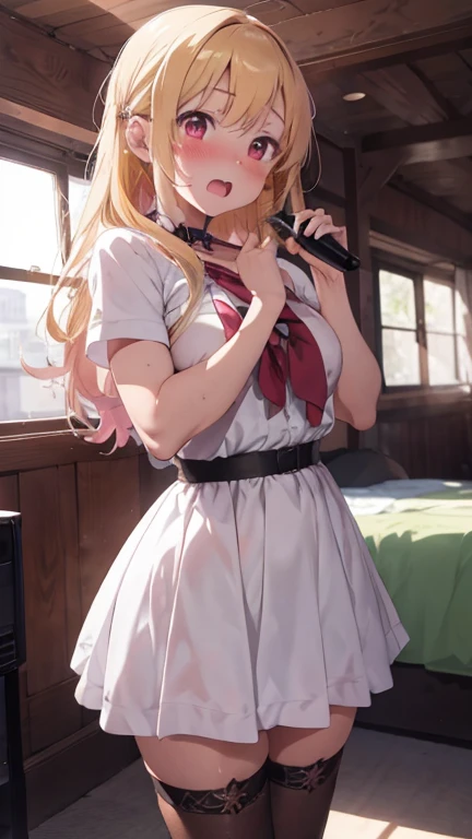 mastute piece,Best Quality,insanely detailed,8k cg,nsfw,
shoot upper body,(body in front:1.1),
1girl,standing,looking at viewer,(idol costume),bare breasts,
break,blush,shy,(trembling:1.2),yellow hair,(large breasts:1.2),(open mouth:0.9),(stage),