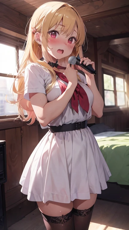 mastute piece,Best Quality,insanely detailed,8k cg,nsfw,
shoot upper body,(body in front:1.1),
1girl,standing,looking at viewer,(idol costume),bare breasts,
break,blush,shy,(trembling:1.2),yellow hair,(large breasts:1.2),(open mouth:0.9),(stage),