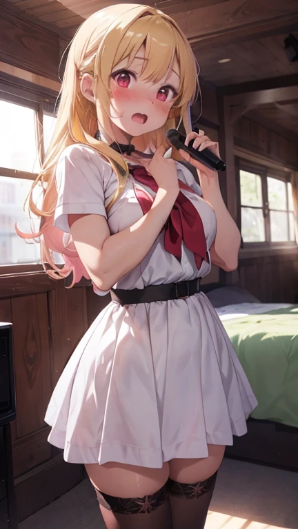 mastute piece,Best Quality,insanely detailed,8k cg,nsfw,
shoot upper body,(body in front:1.1),
1girl,standing,looking at viewer,(idol costume),bare breasts,
break,blush,shy,(trembling:1.2),yellow hair,(large breasts:1.2),(open mouth:0.9),(stage),
