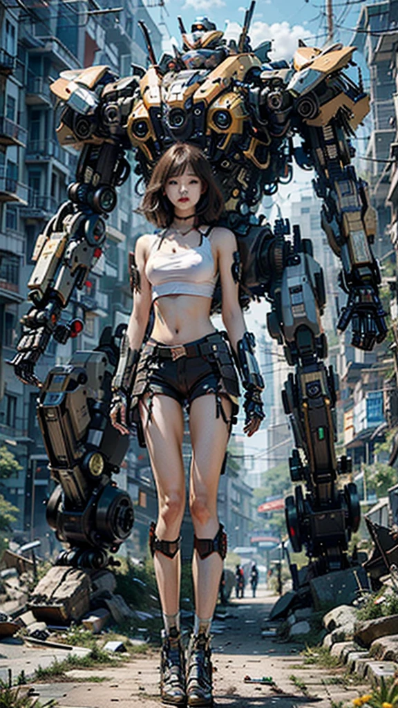 ((masterpiece, best quality)),illustration,ultra detailed 8k,photorealistic,sharp focus,highly detailed,professional lighting,colorful details,iridescent colors BREAK extreme long shot of a factory,large mechanical robot construction,microchip,computer,glowing,intricate details,shitu-mecha,1girl is standing in front of the audience,Navel
