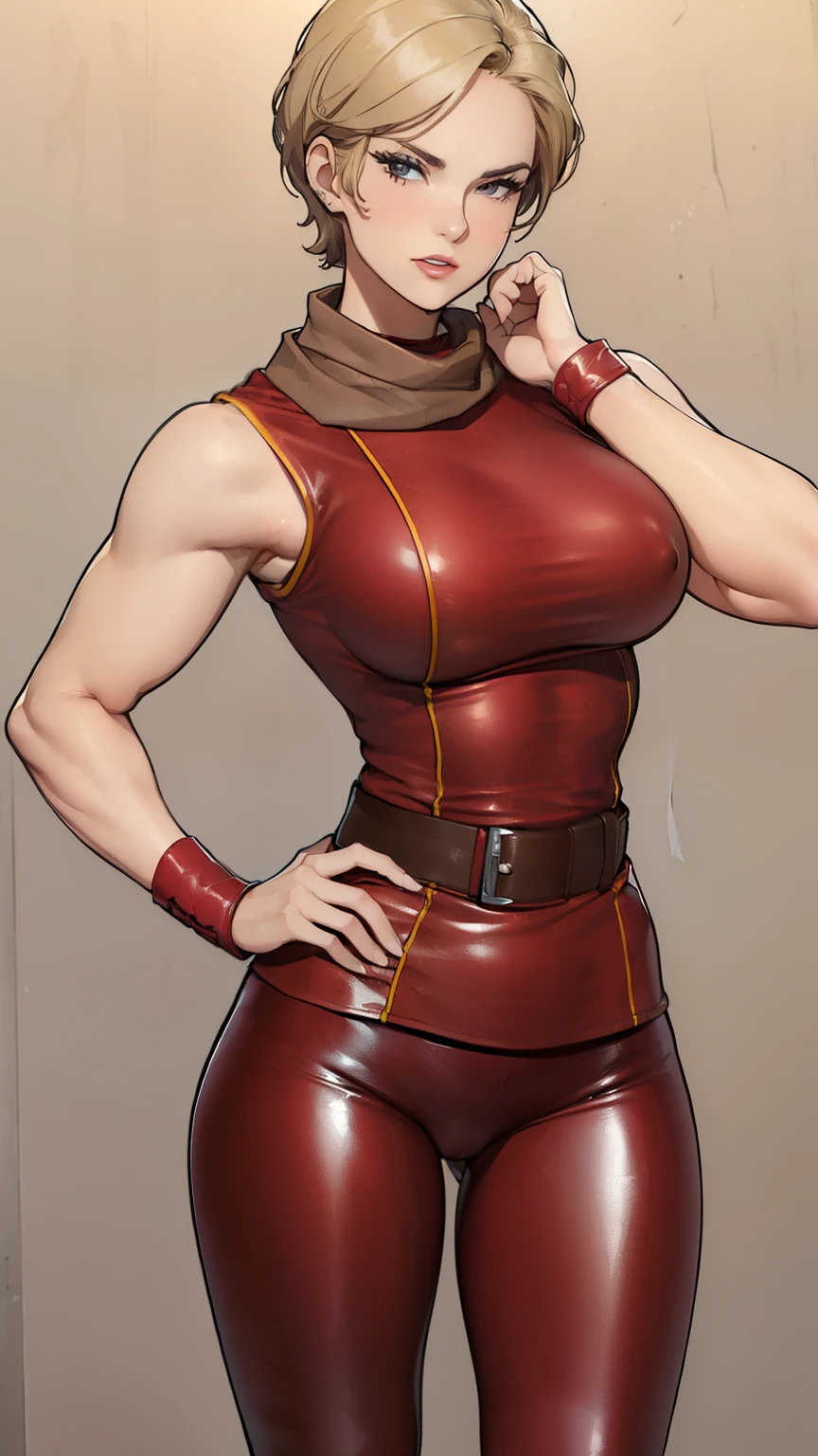 (masterpiece, best quality:1.2),((photoreal)),perfect anatomy,solo, 1 middle  woman,((looking at viewer)),horizontal angle,((shoot from front)),((saggy breasts:1.4)),((muscular:1.3)),((do not hide your crotch)),((do not show your skin:1.4)),(cod lips),holding head high,(intimidating pose),(glossy blonde hair, short hair, bangs), (sleeveless deep red military uniforms with embroidery:1.3), (bare shoulders, scarf:1.3), (deep red rubber leggins:1.3), red wrist bands, belt,  middle cut brown combat boots, 