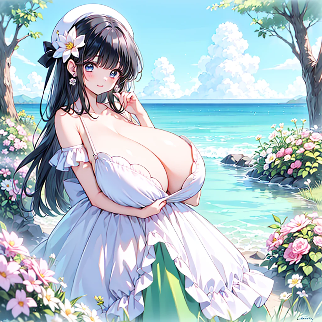 NSFW,a female cartoon character with big breasts looks at viewers in her floral dress, 1girl, solo, flower, underwear, breasts, blue eyes, outdoors, hair ornament, black hair, bra, hat, jewelry, looking at viewer, earrings, long hair, bangs, hair flower,see-through