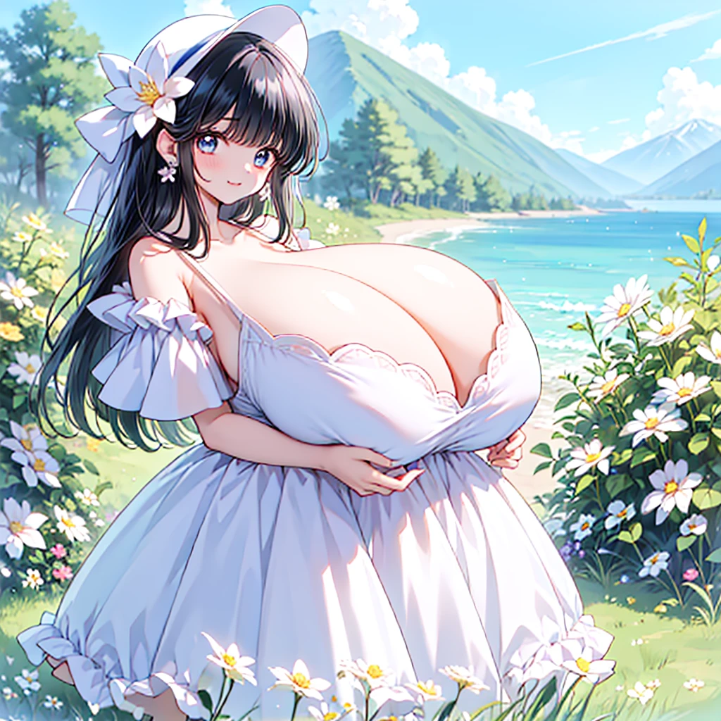 NSFW,a female cartoon character with big breasts looks at viewers in her floral dress, 1girl, solo, flower, underwear, breasts, blue eyes, outdoors, hair ornament, black hair, bra, hat, jewelry, looking at viewer, earrings, long hair, bangs, hair flower,see-through