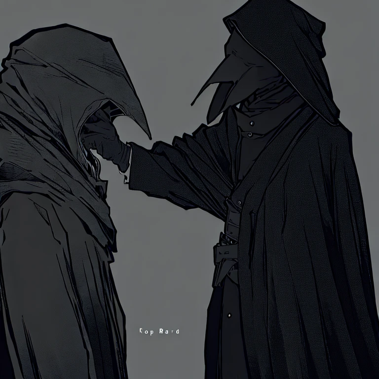 Plague doctor from the dark ages with black and white background trying to put a mask on but actually crying behind of it