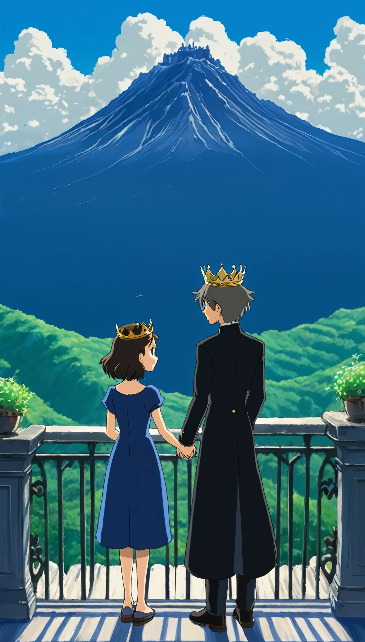 Imagine a prince with black dress and princess in deep blue color dress with their crown on their head standing together holding their hands in their balcony and facing mountains in anime: studio ghibli: japanese anime style; vibrante; artstation; high quality