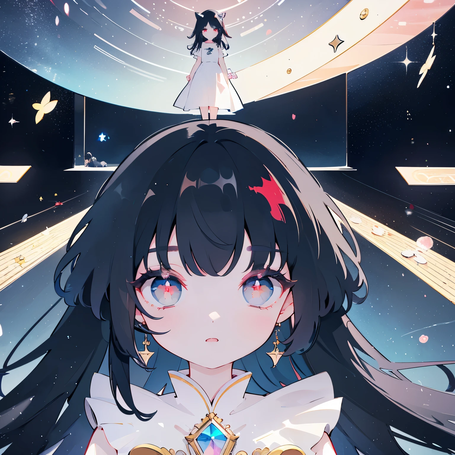 2D Beautiful Girl、(highest quality)),((Tabletop)),((Super detailed)),(figure),(Detailed light),(Very delicate and beautiful),(8k、One Girl、upon)、Black Hair、Red eyes、Sailor dress、Star-inspired dress、Dresses that are easy to move in、Simple background、体upon部、Delicate eyes、Starry Eyes、Stars in my eyes、Viewer Perspective、