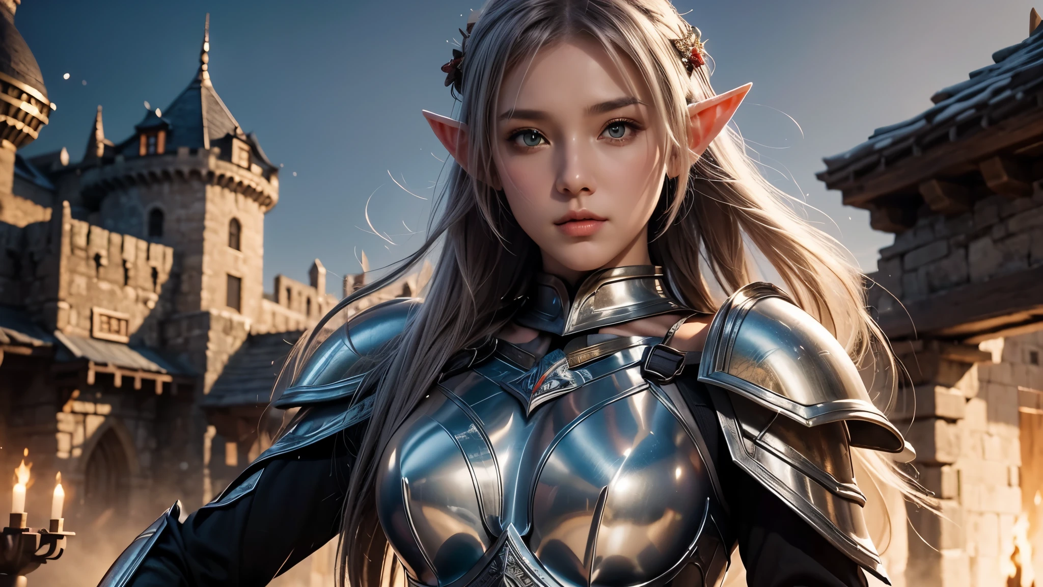 Close-up of a woman holding a sword and armor, Armor Girl, 2. 5D CGI anime fantasy artwork, Female Elf, Large scale navel exposure，Epic fantasy digital art style, detailed Digital 2D fantasy art, Digital 2D fantasy art, Gorgeous female warriors,Look at the camera， Role Playing Game Character Art, beautiful female knight, Fantasy Character Art, Epic and beautiful character art, beautiful female warrior，The background is the castle，dusk，semi-body photography