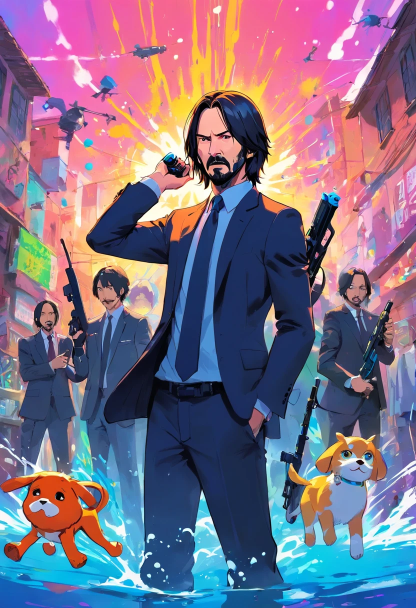 John Wick is playing pretend Splatoon with his friends, playing with paint on each other using water-gun or ink-gun,by Studio Ghibli,starring Keanu Reeves,