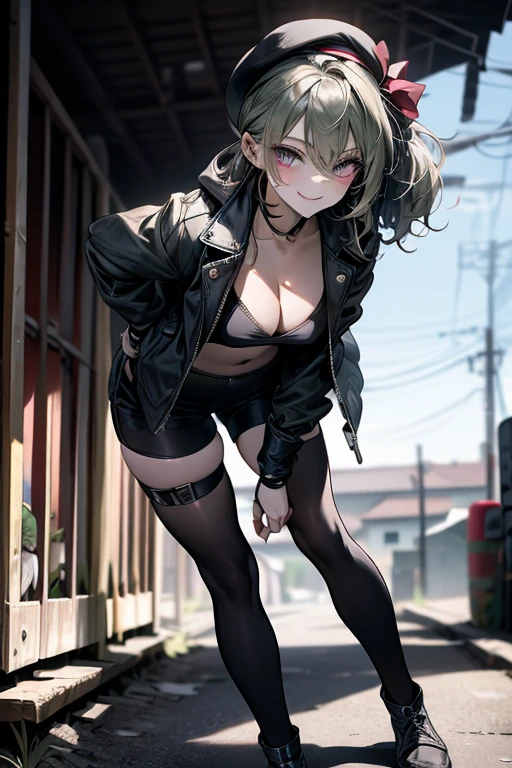ubel,((ubel of Frieren: Beyond Journey's End )),dark green hair,long hair,side ponytail,hair between eyes,bangs, BREAK (beret, black jacket, open clothes, cleavage, midriff, black shorts, black thighhighs, thigh strap, fingerless gloves, single glove:1.2) , (dynamic angle:1.3, front view:1.1, breast focus:1.3, from below:1.2), (dynamic posing:1.5, sexy posing:1.2, leaning forward), (seductive smiling:1.3),(*K) HD, highest quality, WorKs of masters, High resolution, spread legs, panties shot,1 girl, small nose,(with sparkling eyes and a contagious smile), very beautiful detailed face and eyes, bright colors, cute face, delicate beautiful face, Bright magenta eyes, cute eyes, sparkling eyes, Big eyes, (big breasts:1.3), (perky chest:1.1), (pointed chest:1.0), medium hips, glamorous body, white skin, smile, thin pubric hair, shiny hair, super beautiful face, Super beautiful eyes, Super beautiful hair,trendy outfit,sexy and attractive,explosion of colors,big hairpin,full body esbian,illegal occupation, Real World, Natural light,perfect Natural light,looking at viewer,
