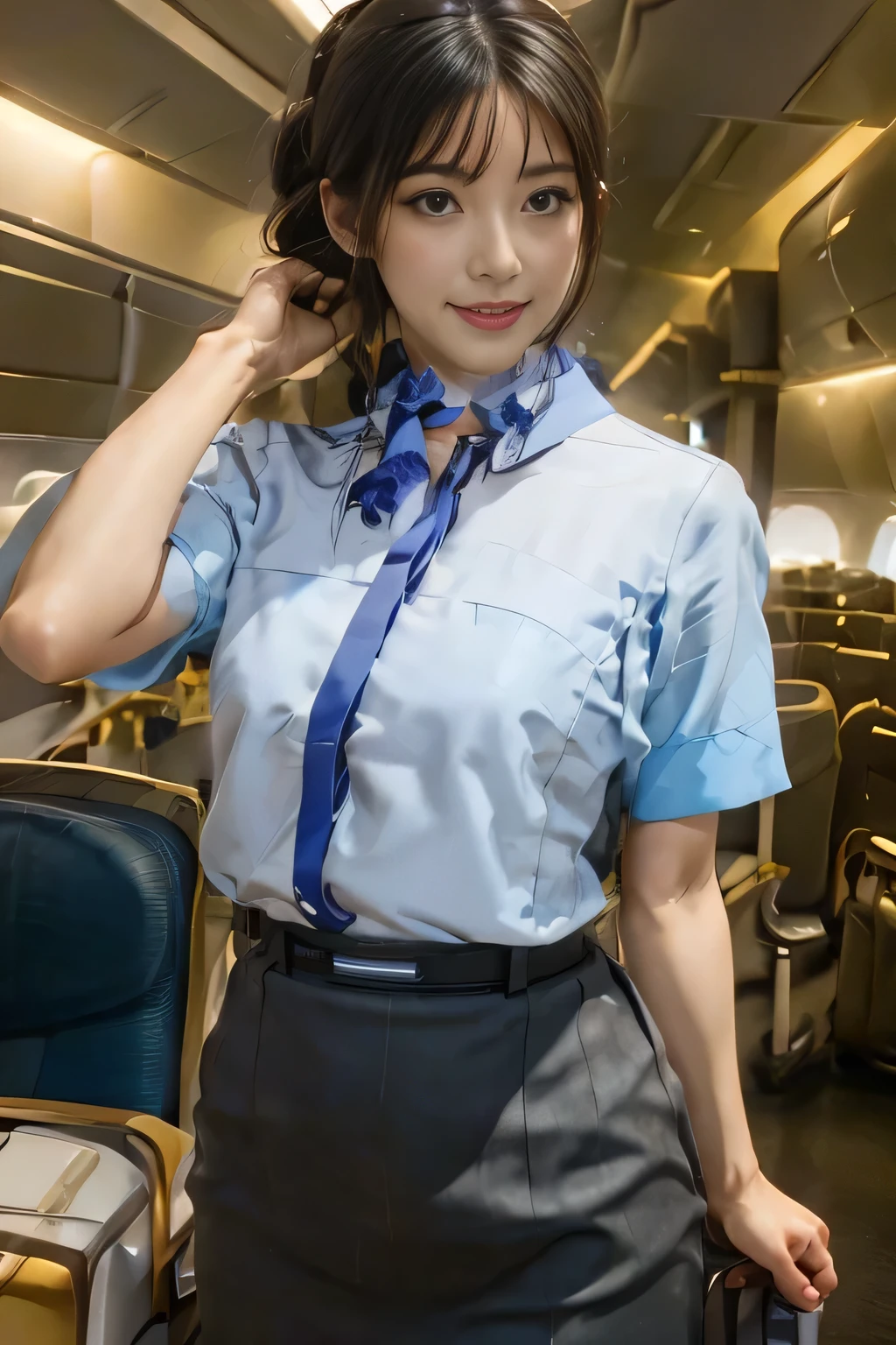 （Realistic style wearing the ANA cabincrew uniform）、（ANA cabincrew uniform）、（Short sleeve light blue blouse）、（ANA cabincrew uniform skirt with blue line on the back）、（Scarf around the neck）、Big Breasts、